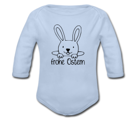 Babybody blau - Osterhase schaut aus dem Loch - Schriftfarbe schwarz - Langarm 